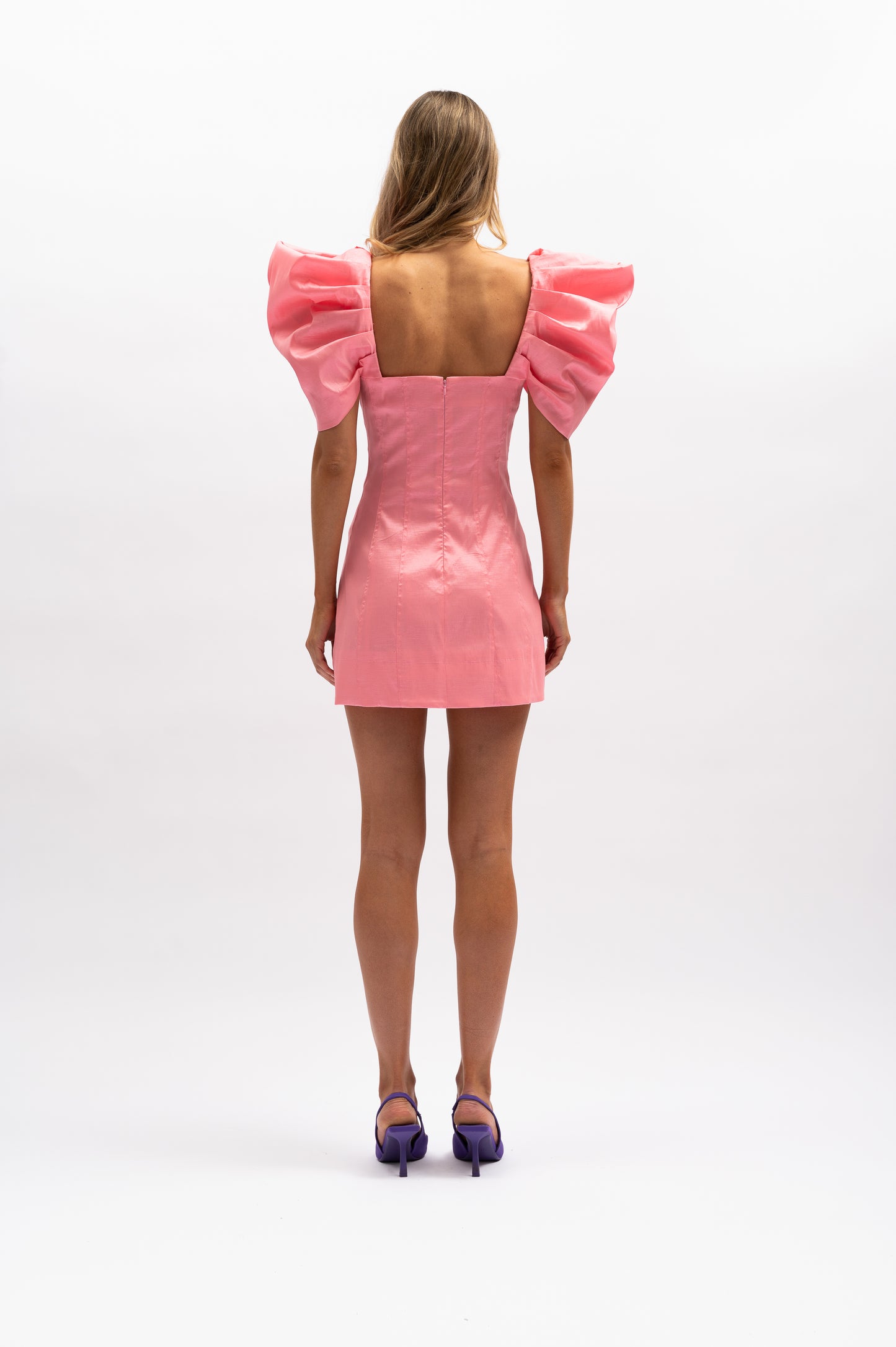 Lisette Dress - Flamingo - Puff sleeve pink mini dress - Aureta