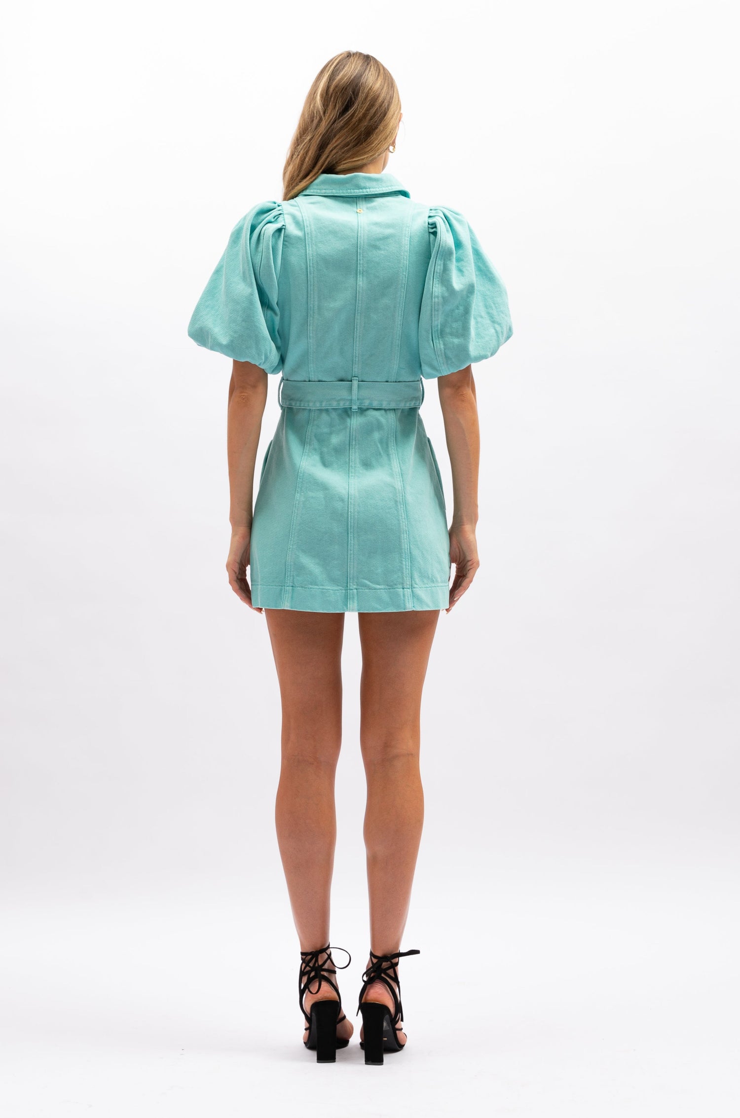 Sibhan Mini Dress - Aquamarine - aqua denim mini dress with puff sleeves - Aureta