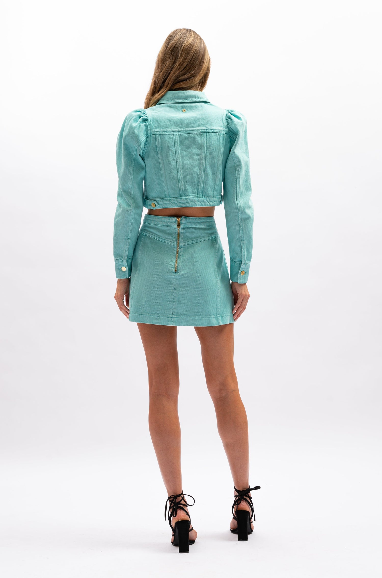Lottie Mini Skirt - Aquamarine - Aqua blue denim mini skirt - Aureta