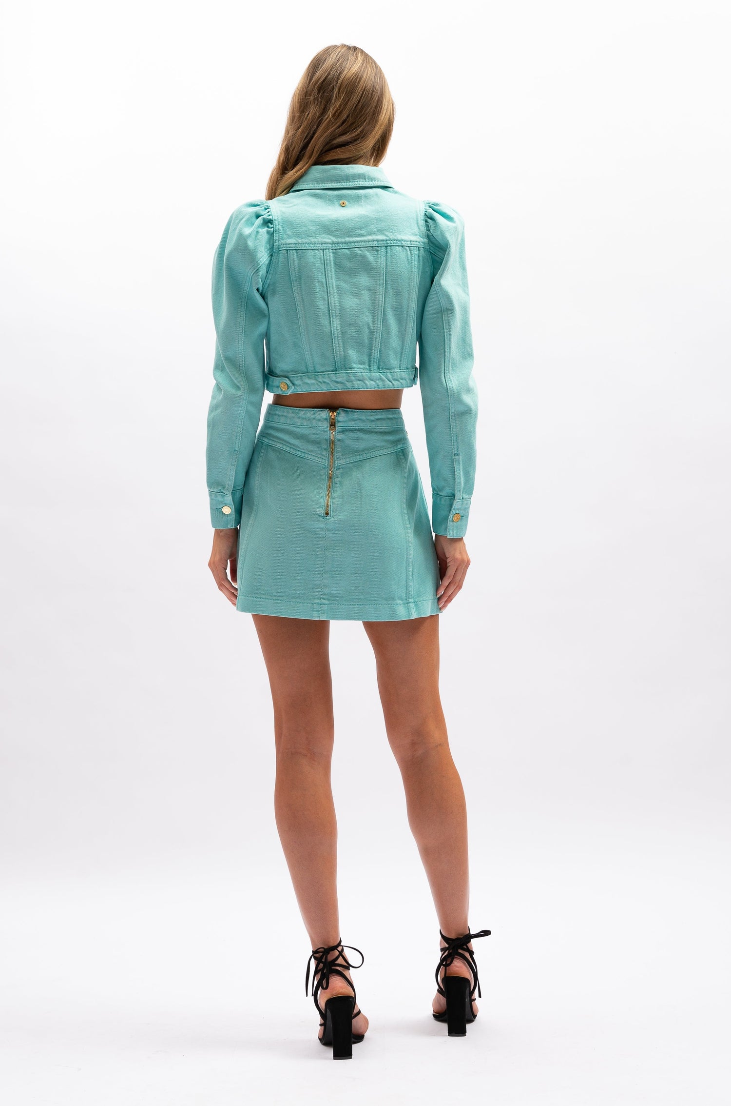 Lottie Jacket - Aquamarine - aqua blue cropped jacket with Mutton sleeve - Aureta