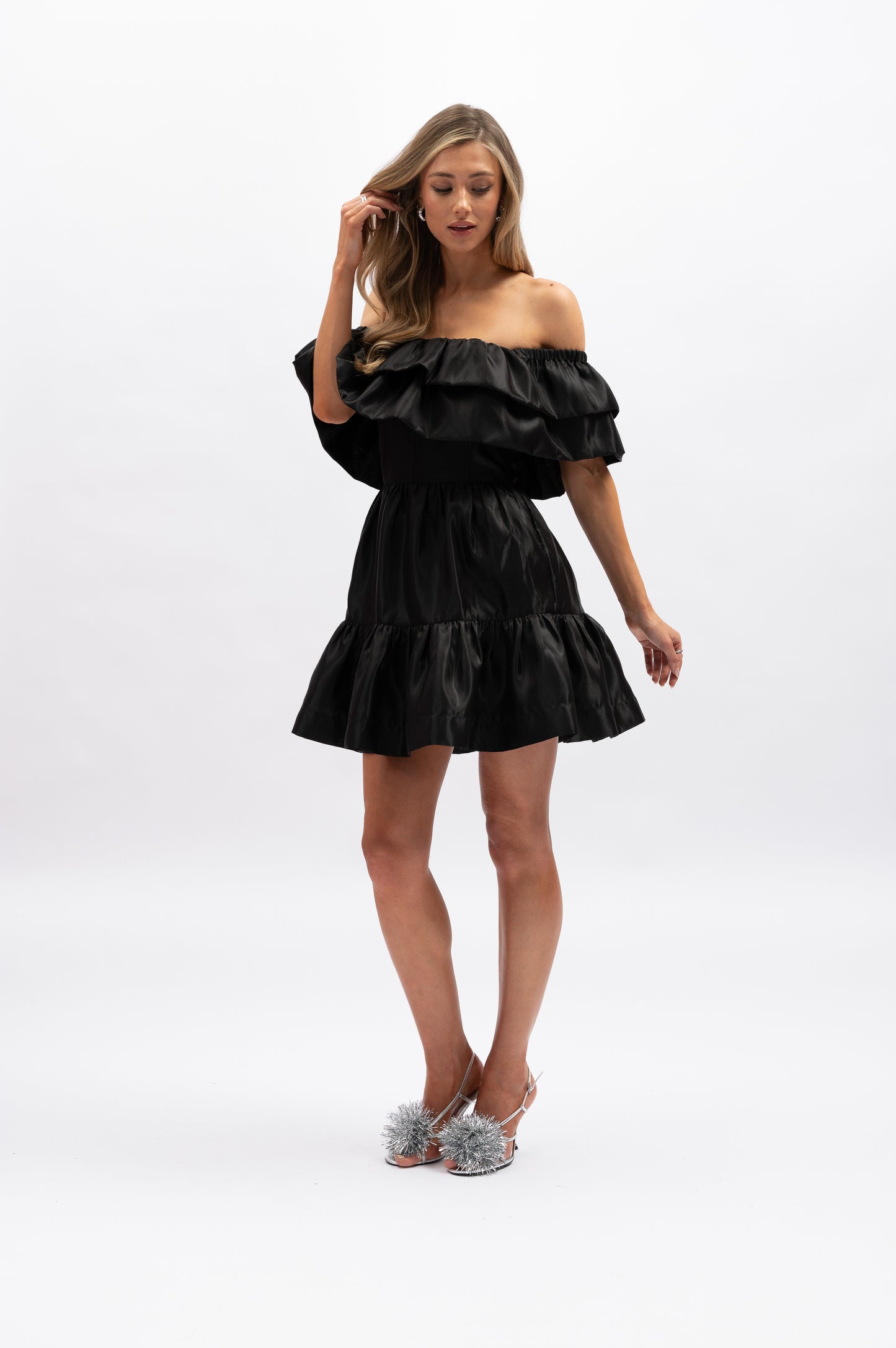 Lyla Mini Dress - Black - off the shoulder black mini dress with ruffles - Aureta