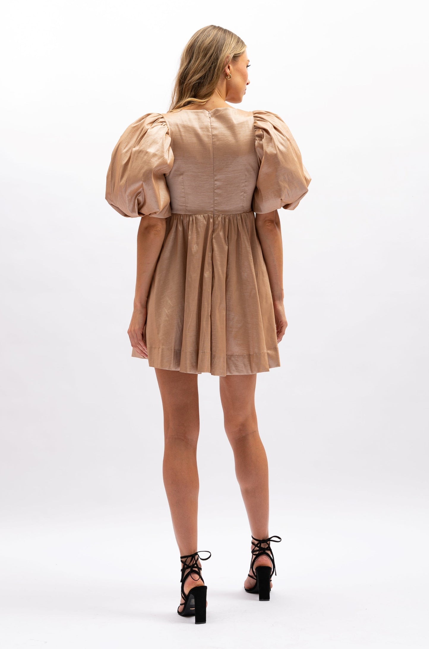 Erica Mini Dress - Champagne - Puff sleeve mini dress - Aureta.