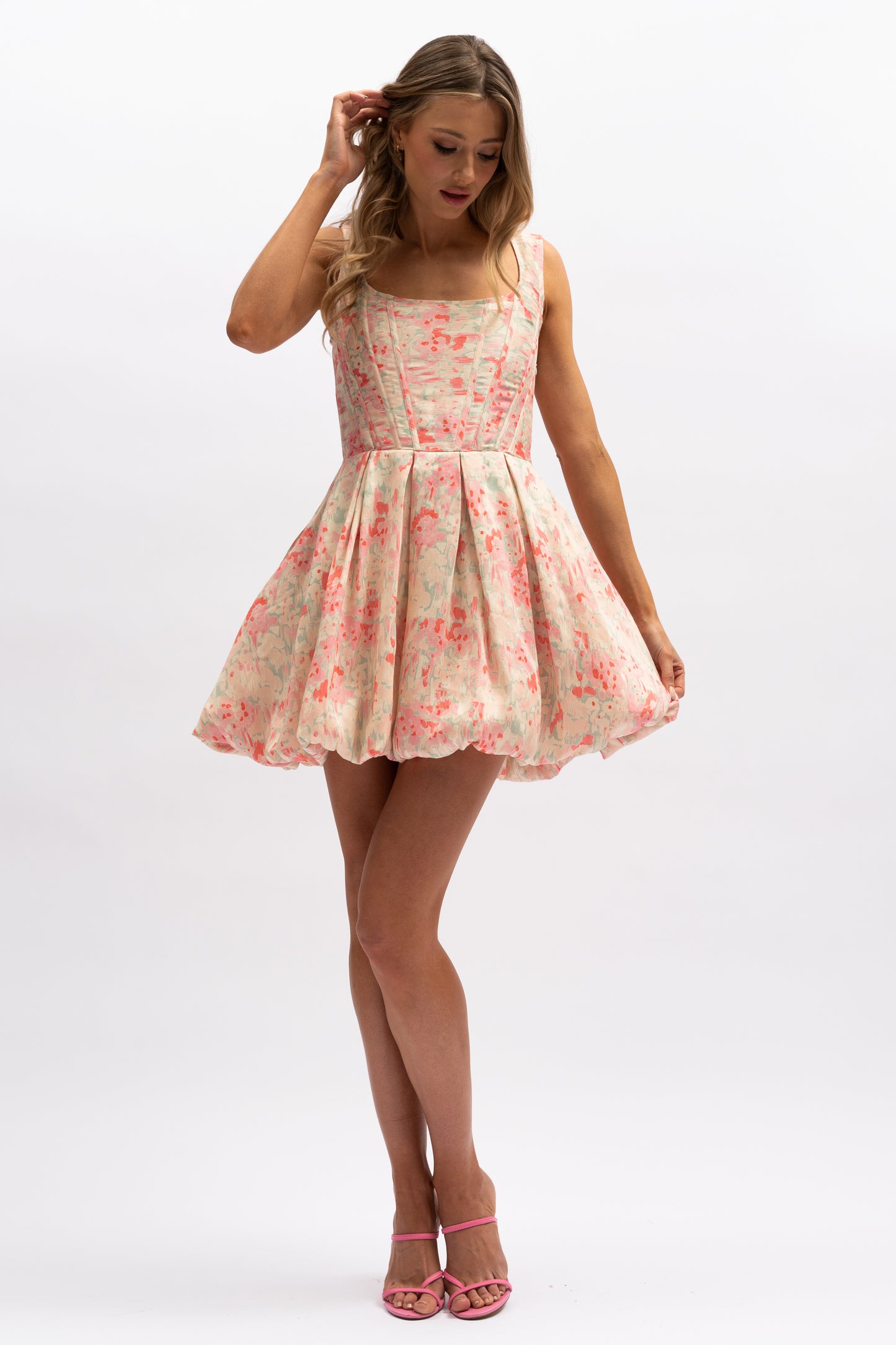 Piper Mini Dress - Summer Meadow -pink/white balloon mini dress - Aureta