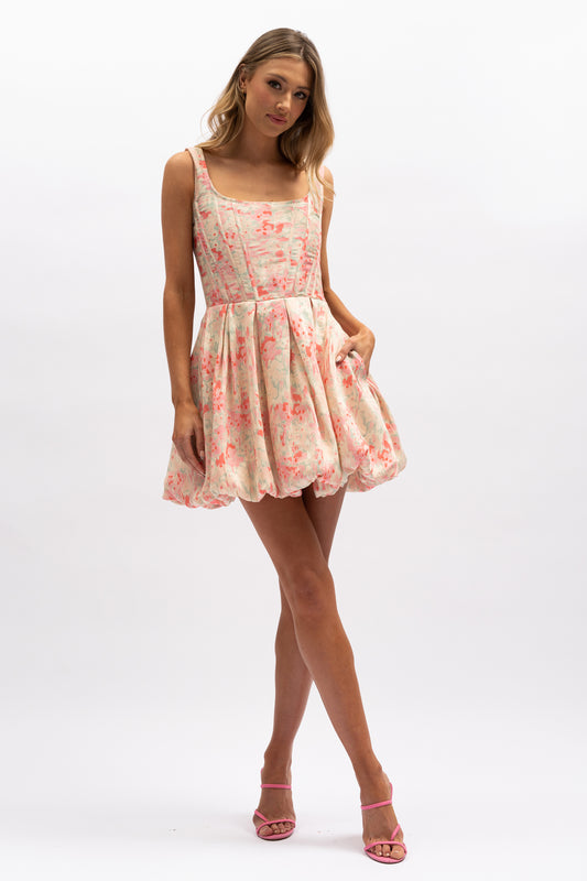Piper Mini Dress - Summer Meadow -pink/white  balloon mini dress - Aureta