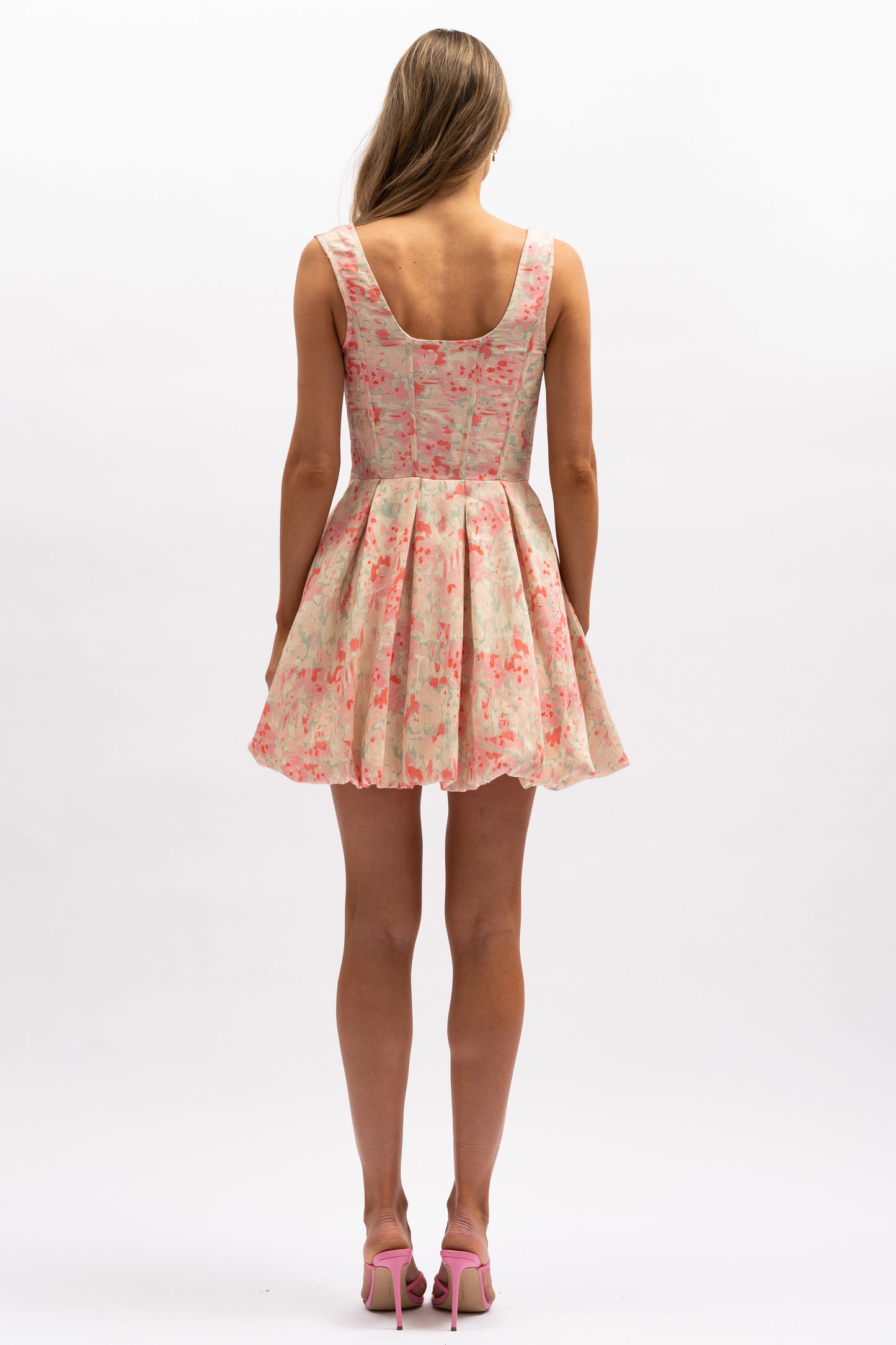 Piper Mini Dress - Summer Meadow -pink/white balloon mini dress - Aureta