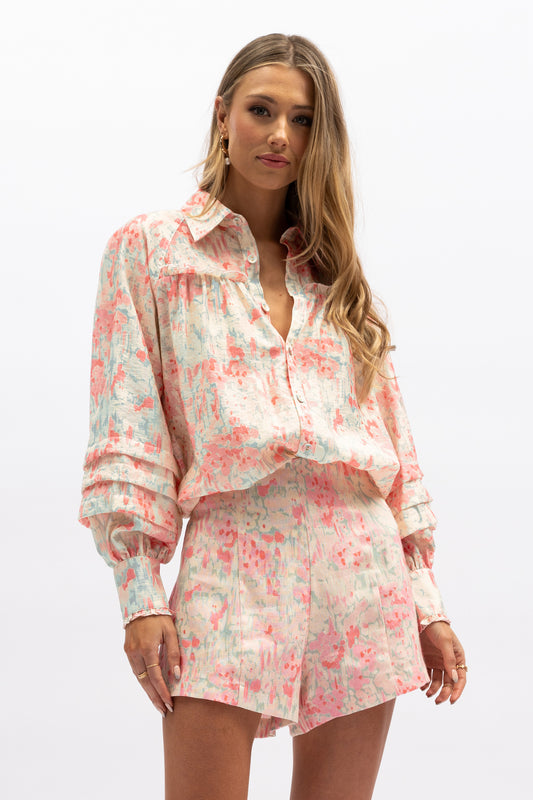 Harper Blouse - Summer Meadow - pink/ white puff sleeve shirt - Aureta