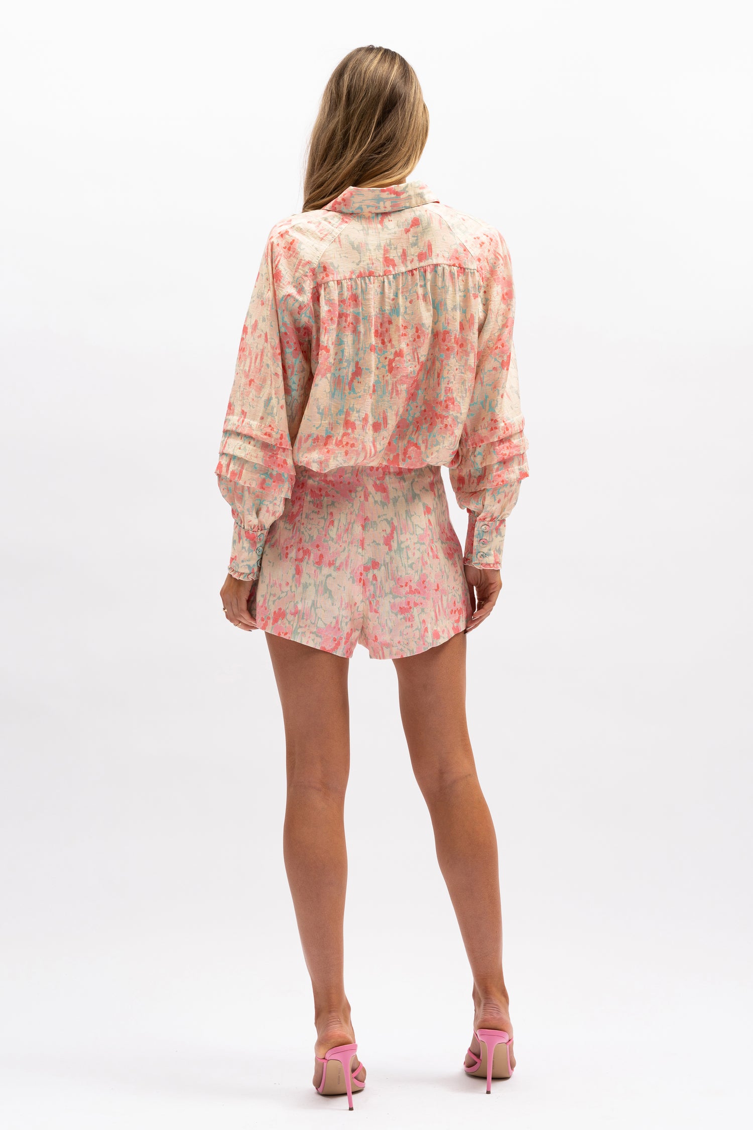 Harper Blouse - Summer Meadow - pink/ white puff sleeve shirt - Aureta